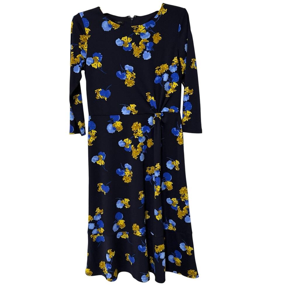 Talbots | Midi Dress Floral Navy Stretch 3/4 Sleeves NWT- Size 10 Petite